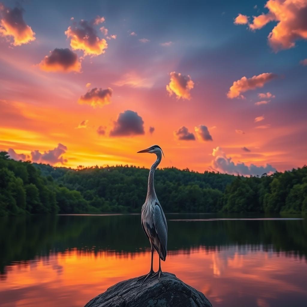 A serene landscape featuring a vibrant sunset over a calm lake surrounded by lush green forests