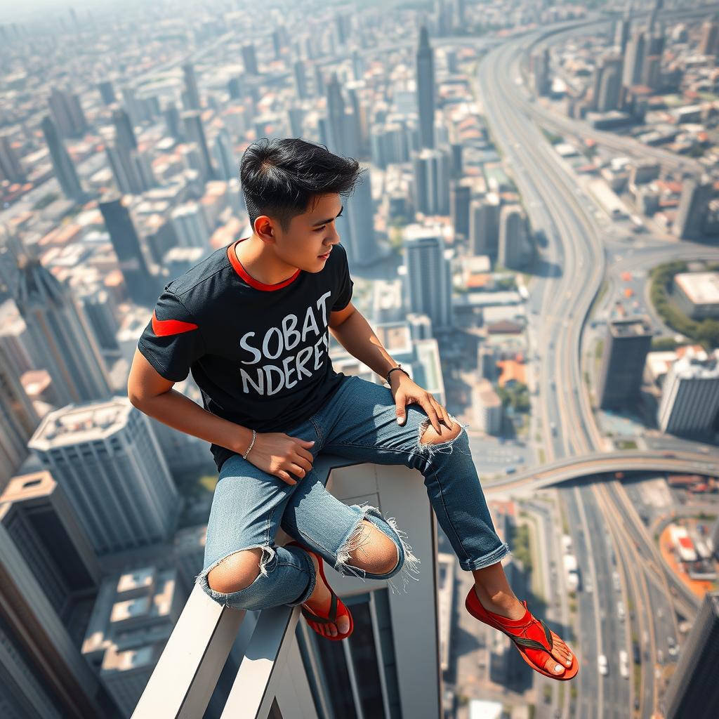 A handsome Indonesian man with short hair, a thin physique, wearing a black t-shirt emblazoned with the words 'Sobat Nderes', paired with torn jeans and casual flip-flops, sits side by side with Spiderman