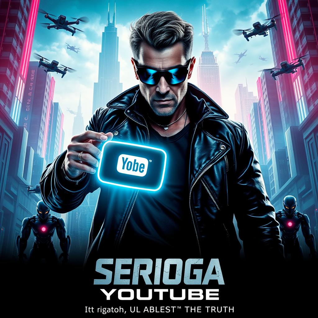 A dynamic movie poster for the film 'Serioga: Youtube', featuring a futuristic landscape dominated by towering skyscrapers and neon lights reminiscent of a cyberpunk aesthetic