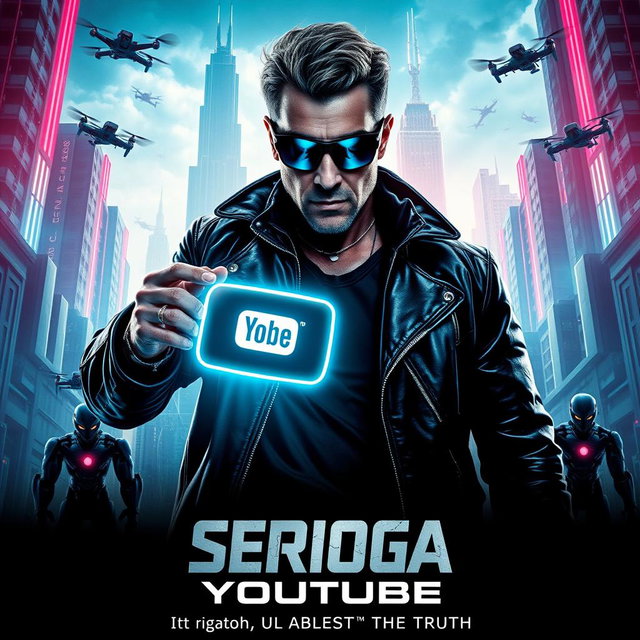 A dynamic movie poster for the film 'Serioga: Youtube', featuring a futuristic landscape dominated by towering skyscrapers and neon lights reminiscent of a cyberpunk aesthetic