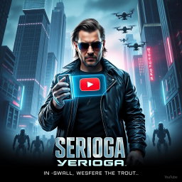 A dynamic movie poster for the film 'Serioga: Youtube', featuring a futuristic landscape dominated by towering skyscrapers and neon lights reminiscent of a cyberpunk aesthetic