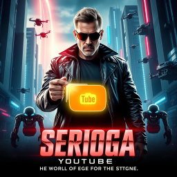 A dynamic movie poster for the film 'Serioga: Youtube', featuring a futuristic landscape dominated by towering skyscrapers and neon lights reminiscent of a cyberpunk aesthetic