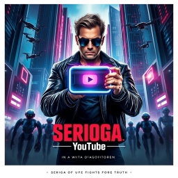 A dynamic movie poster for the film 'Serioga: Youtube', featuring a futuristic landscape dominated by towering skyscrapers and neon lights reminiscent of a cyberpunk aesthetic