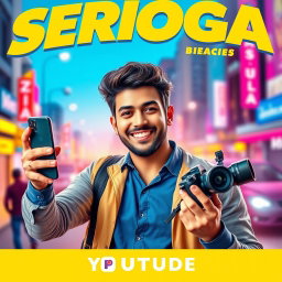 A movie poster for a fictional film titled 'Serioga: Youtube', featuring a charismatic male protagonist with a playful expression, holding a smartphone in one hand, and a camera in the other
