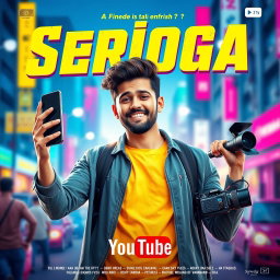 A movie poster for a fictional film titled 'Serioga: Youtube', featuring a charismatic male protagonist with a playful expression, holding a smartphone in one hand, and a camera in the other