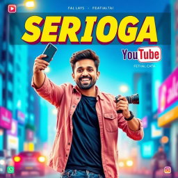 A movie poster for a fictional film titled 'Serioga: Youtube', featuring a charismatic male protagonist with a playful expression, holding a smartphone in one hand, and a camera in the other