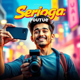 A movie poster for a fictional film titled 'Serioga: Youtube', featuring a charismatic male protagonist with a playful expression, holding a smartphone in one hand, and a camera in the other
