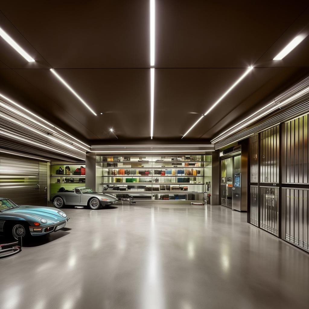 A billionaire's bungalow expansive garage showcasing a gleaming fleet of luxury and vintage cars. The garage features polished concrete floors, stainless steel cabinetry, state-of-the-art automotive equipment, and sleek lighting fixtures.