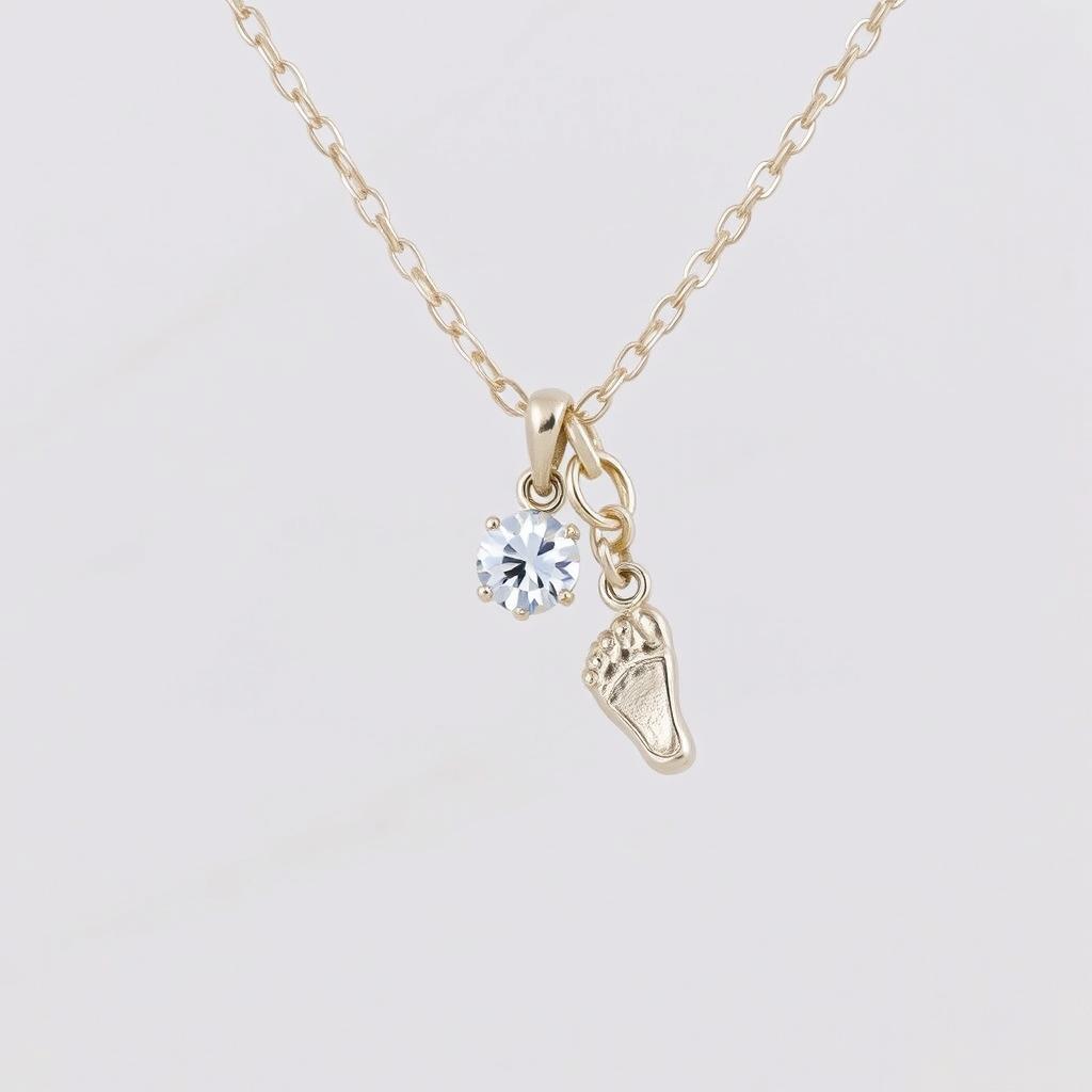 A delicate motherhood necklace featuring an elegant small diamond pendant, alongside a tiny baby footprint charm