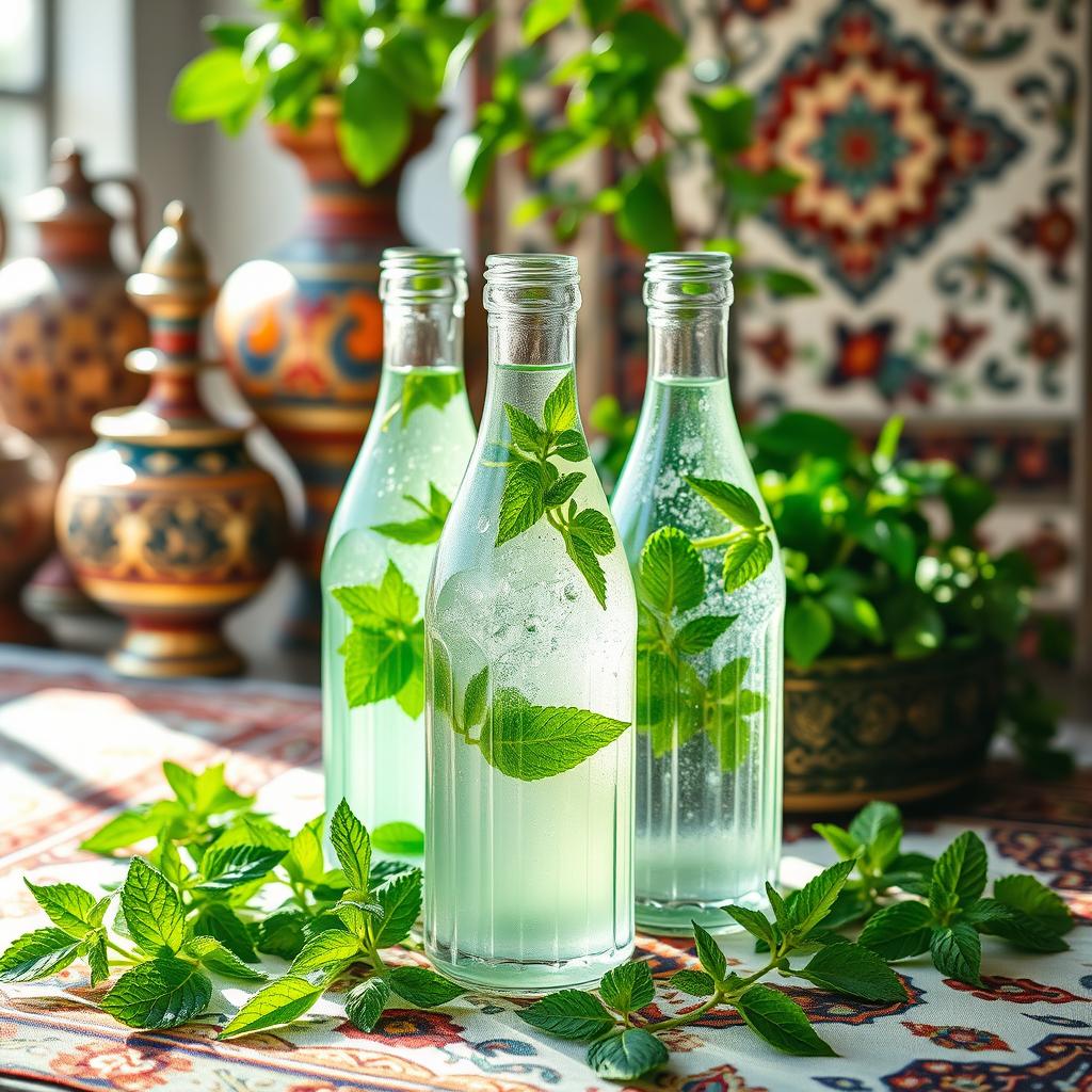 A beautifully arranged display of mint water in a traditional Persian setting, including elegant glass bottles filled with mint water, fresh mint leaves scattered around, and an ornate Persian tablecloth as the backdrop