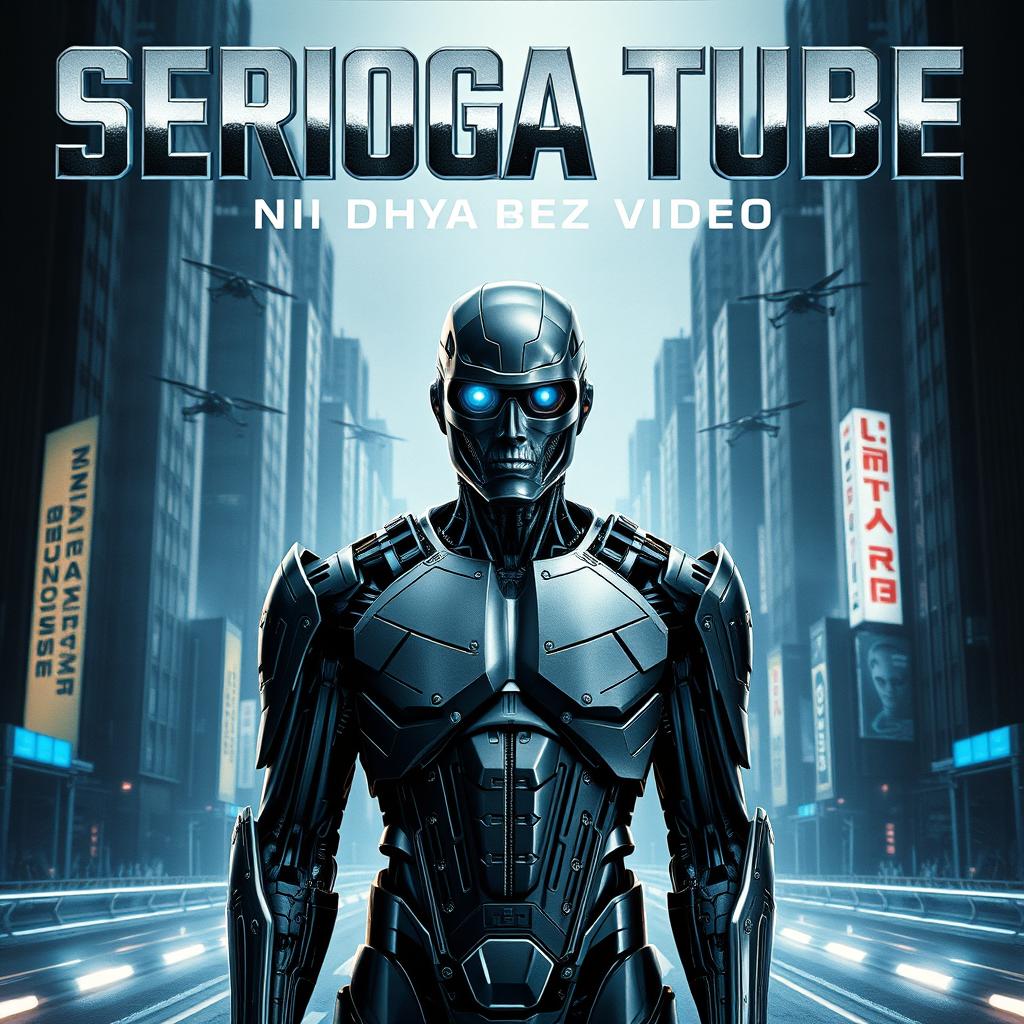 A movie poster for "Serioga Tube: Ni dnya bez video" styled like classic Terminator films