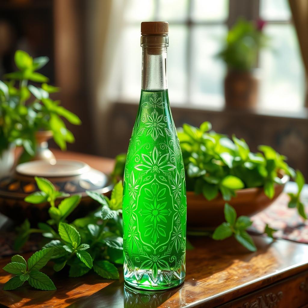 A beautifully crafted bottle of green mint syrup, elegantly displayed in a traditional Kashan setting
