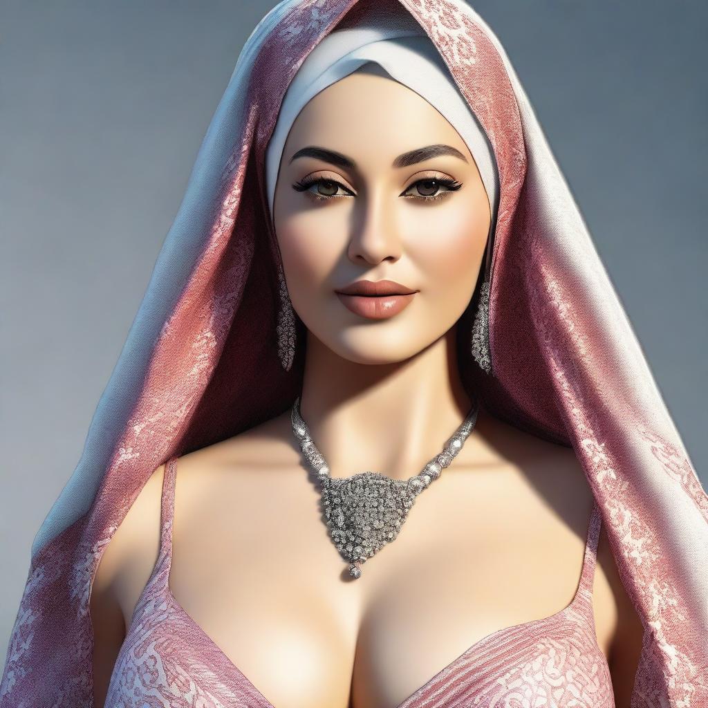 A realistic image of a woman with a large bust and fair skin, wearing a hijab and a bikini