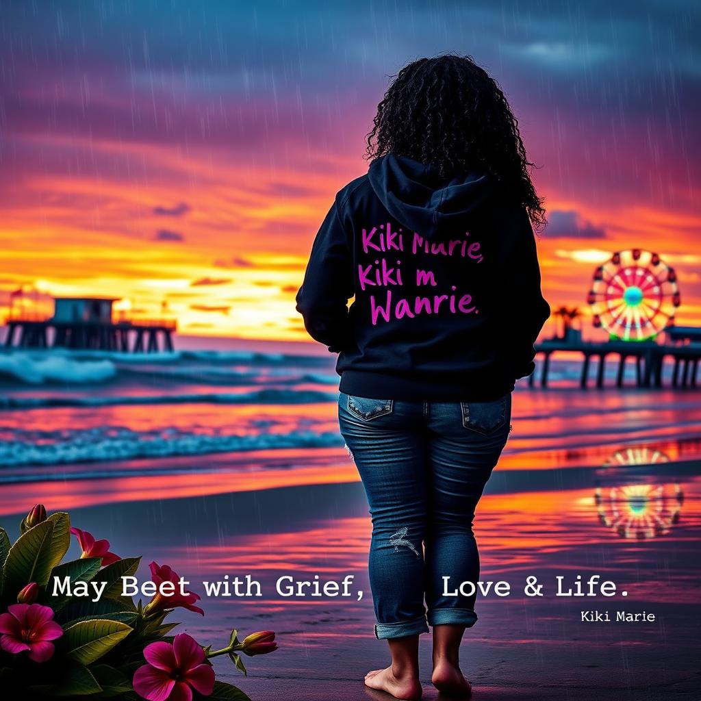 A curvy Black woman standing on a beach in the rain, facing the ocean, dressed in a black hoodie with 'Kiki Marie' written in vibrant purple ink on the back, wearing distressed jeans and barefoot