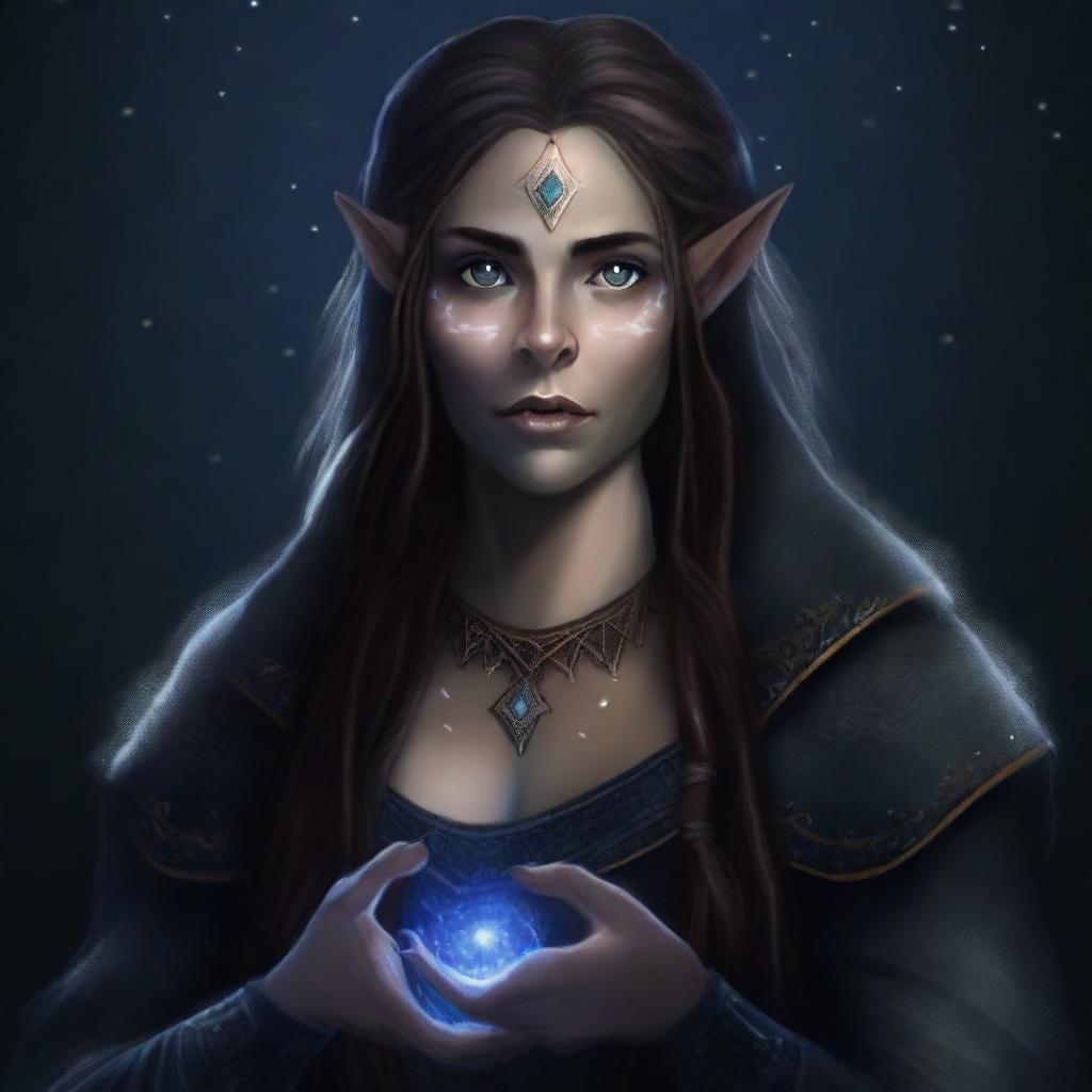 A digital art image of a half-elf woman, radiating an aura of wisdom and mystery