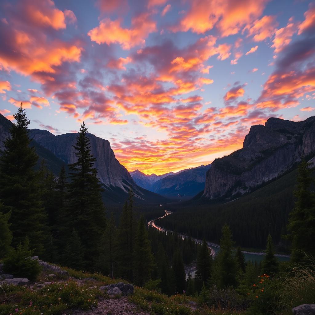 A majestic view of a mountainous region under a vibrant sunset sky, with scattered clouds reflecting hues of orange, pink, and purple