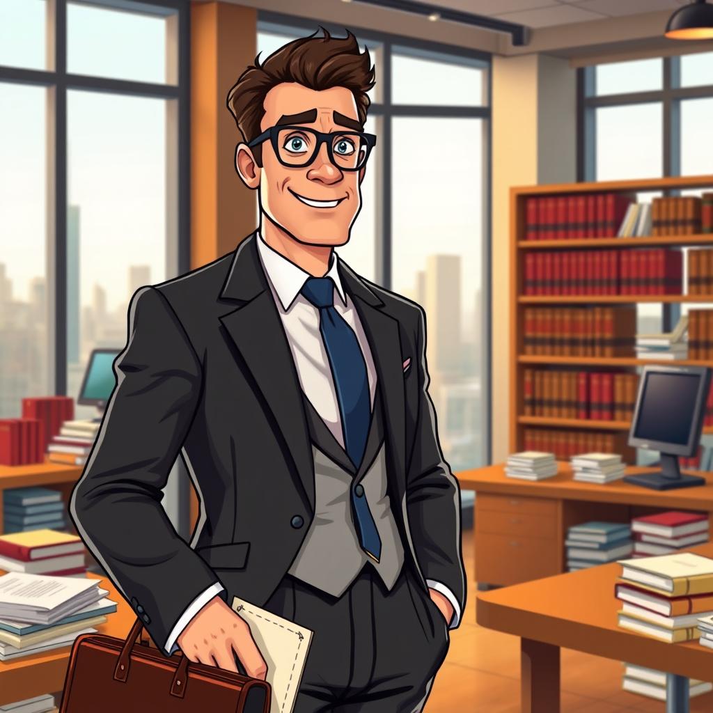 A charismatic and knowledgeable lawyer character, dressed in a classic tailored suit, standing in a modern office filled with legal books and documents