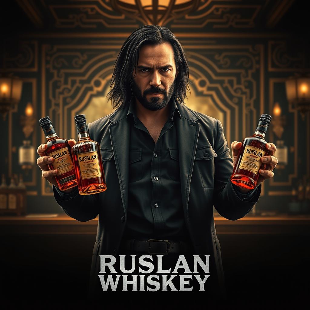 A movie poster for 'Ruslan Whiskey', featuring a character inspired by John Wick mixed with The Dude from 'The Big Lebowski'