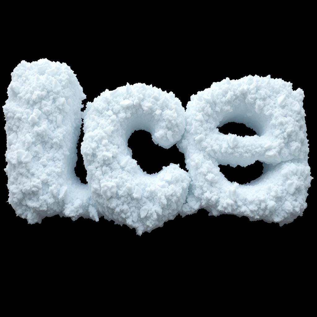 The word 'Ice' sculpted from snow in a three-dimensional format, showcasing intricate details and textures