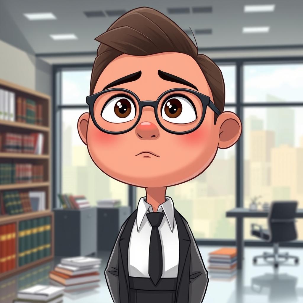 A round-faced character with sparse hair, no glasses, and a thoughtful expression, suitable for legal content creation