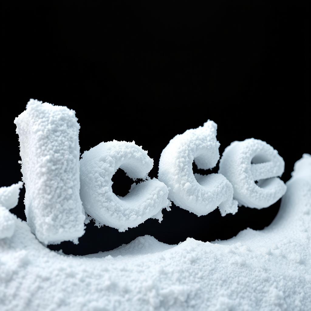 The word 'Ice' sculpted from snow in a 3D style, against a sleek black background