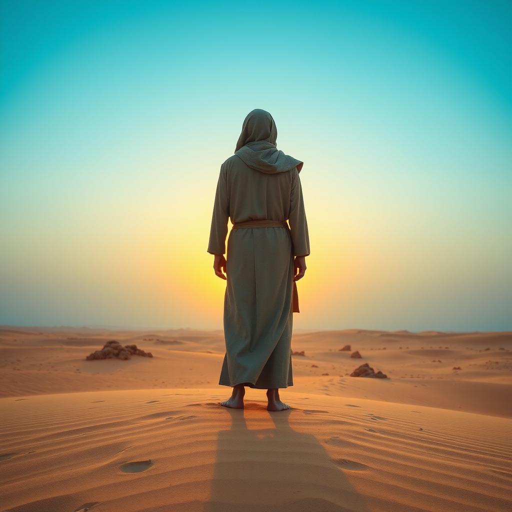 A lone figure, reminiscent of a wise prophet, standing in an endless desert under a vast blue sky