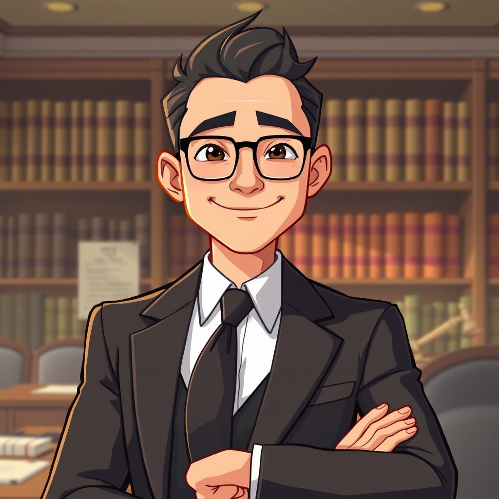 A legal character depicted as a male lawyer with a round face and sparse hair, dressed in a sharp, stylish suit