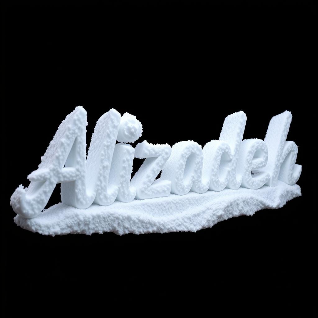 The word 'Alizadeh' sculpted from snow in a stunning 3D style, set against a rich black background