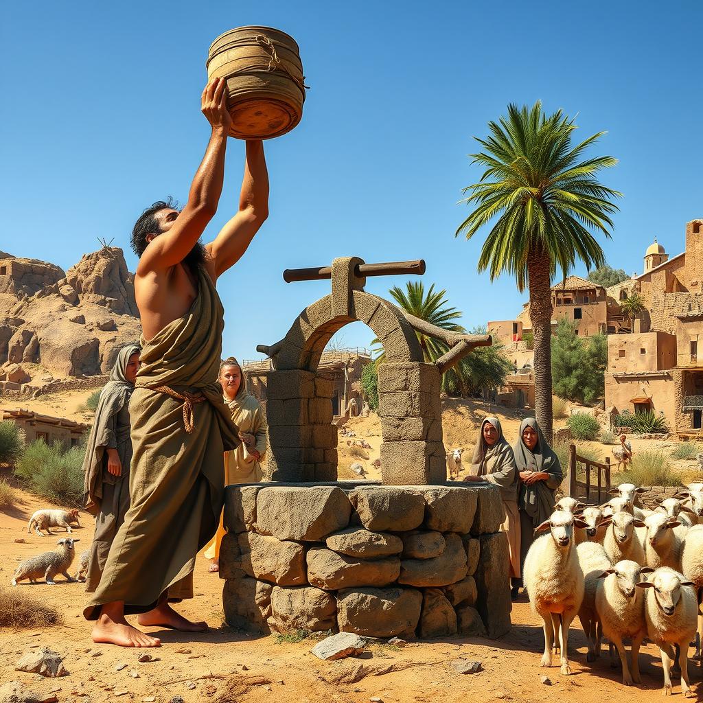 A strong traveler in a dusty robe, showcasing muscular build, pulls up a heavy bucket of water from an ancient stone well