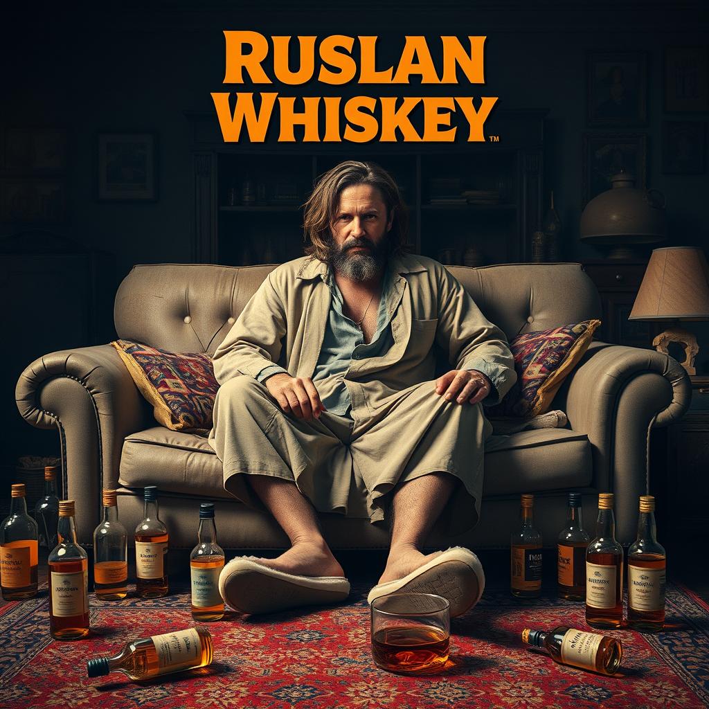 A movie poster for 'Ruslan Whiskey', featuring a character inspired by John Wick, depicted as a drunken version of The Dude from 'The Big Lebowski'