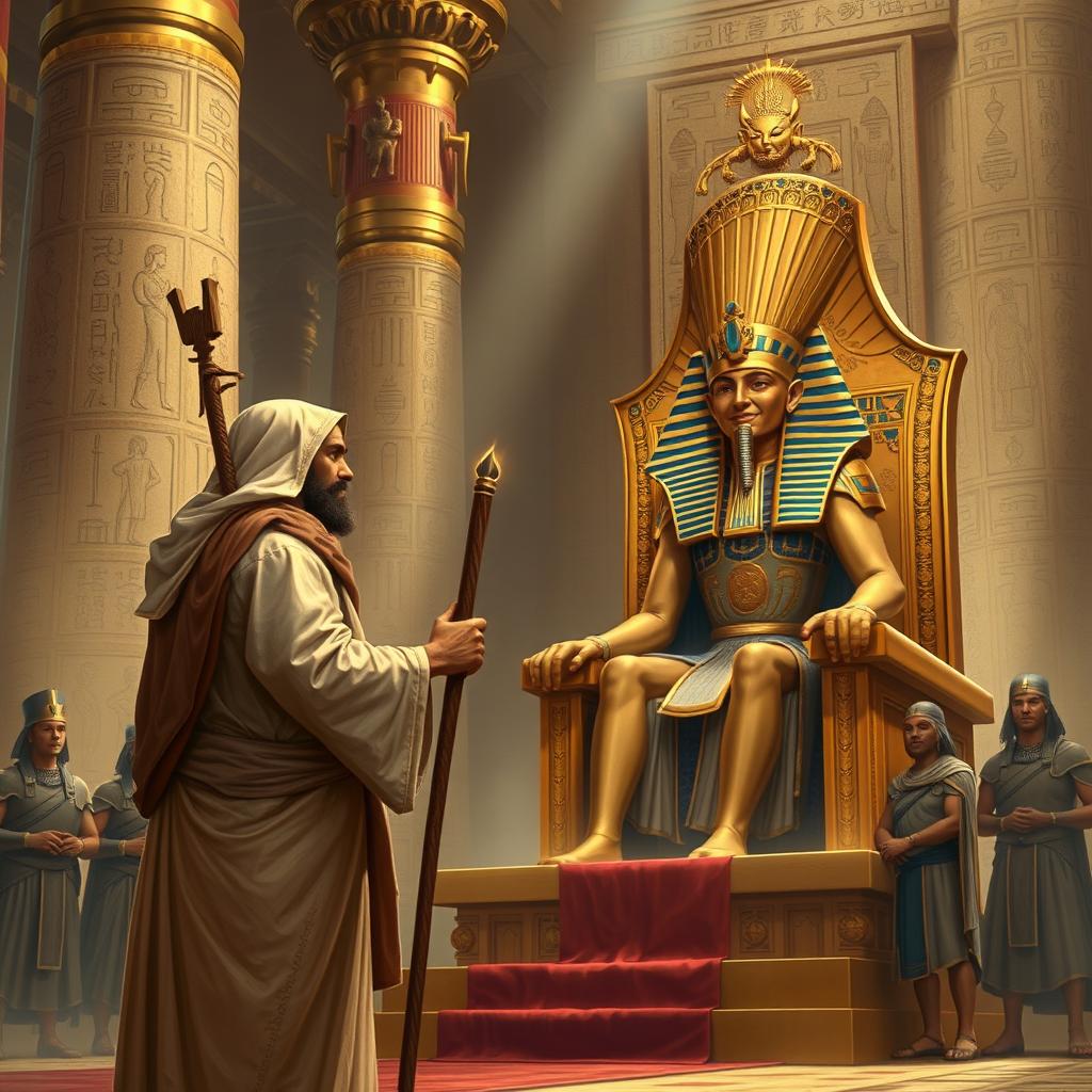 A determined prophet clad in a simple, flowing robe stands confidently before a powerful Pharaoh, who is seated on an ornate golden throne