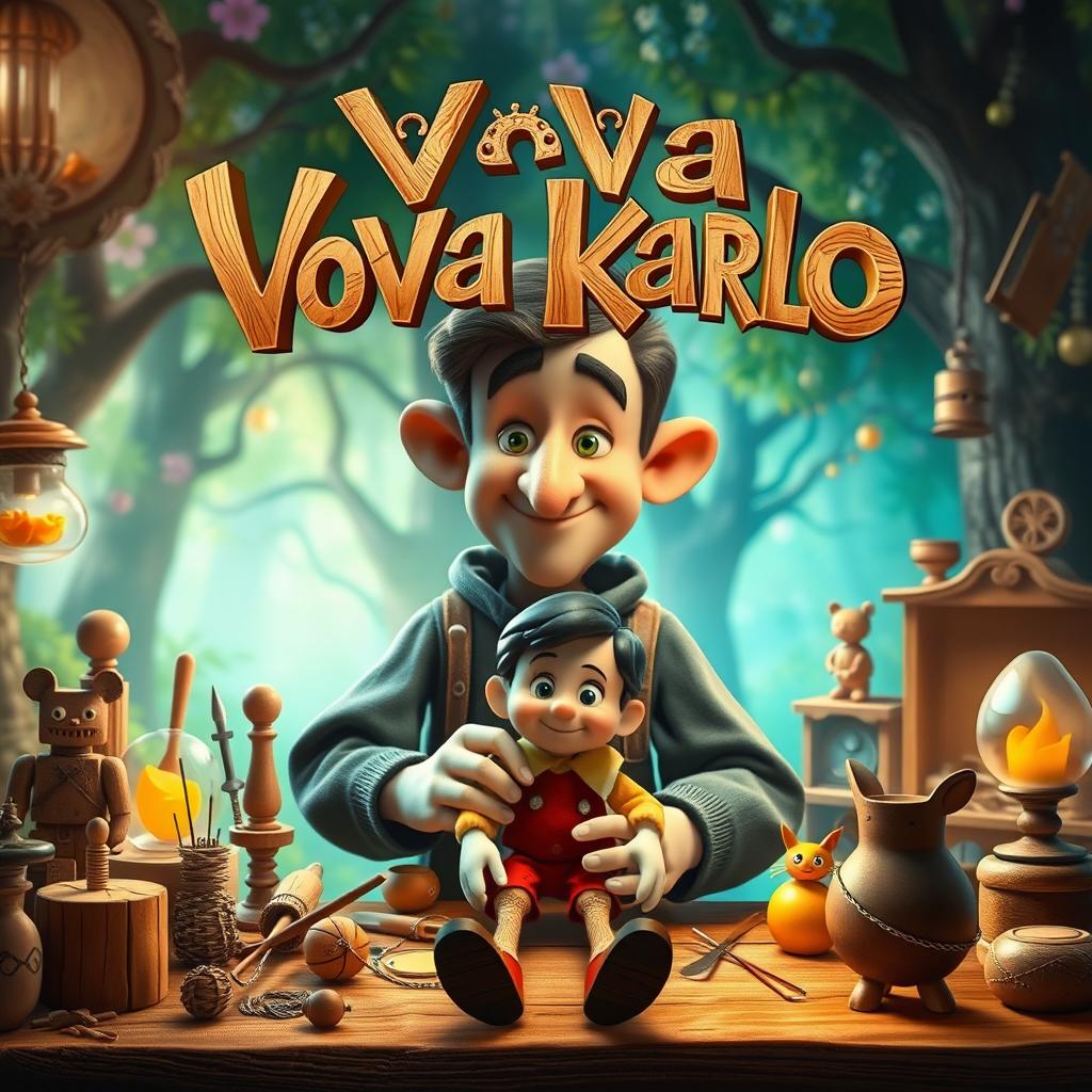 A movie poster featuring Vova Karlo in a whimsical, fantastical style reminiscent of classic fairy tales