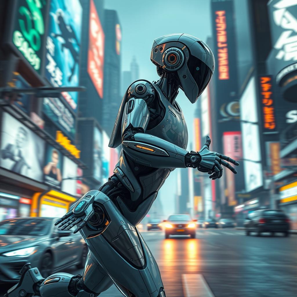 A futuristic scene depicting a sophisticated AI robot in motion, showcasing intricate mechanical details and shiny surfaces