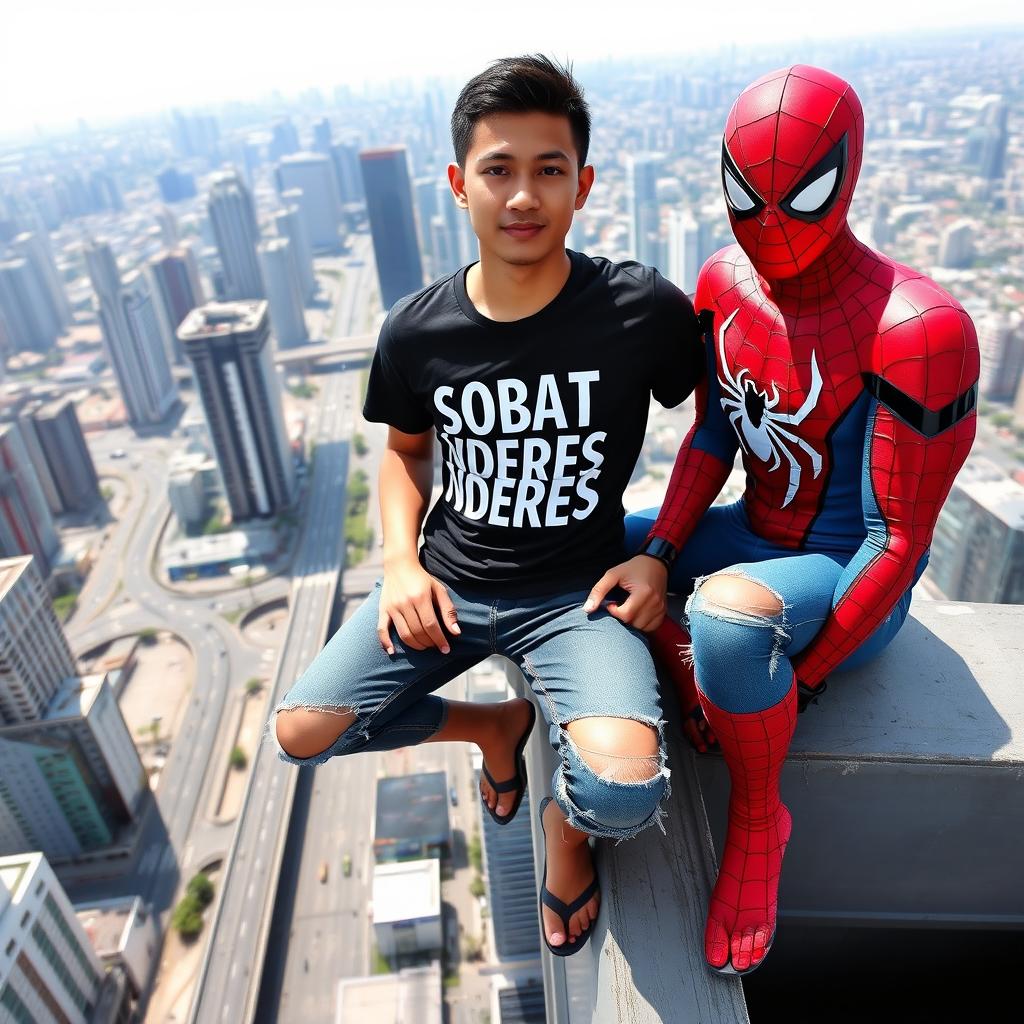 A handsome Indonesian man with short hair and a thin body, wearing a black t-shirt with the words "Sobat Nderes" boldly printed on the chest