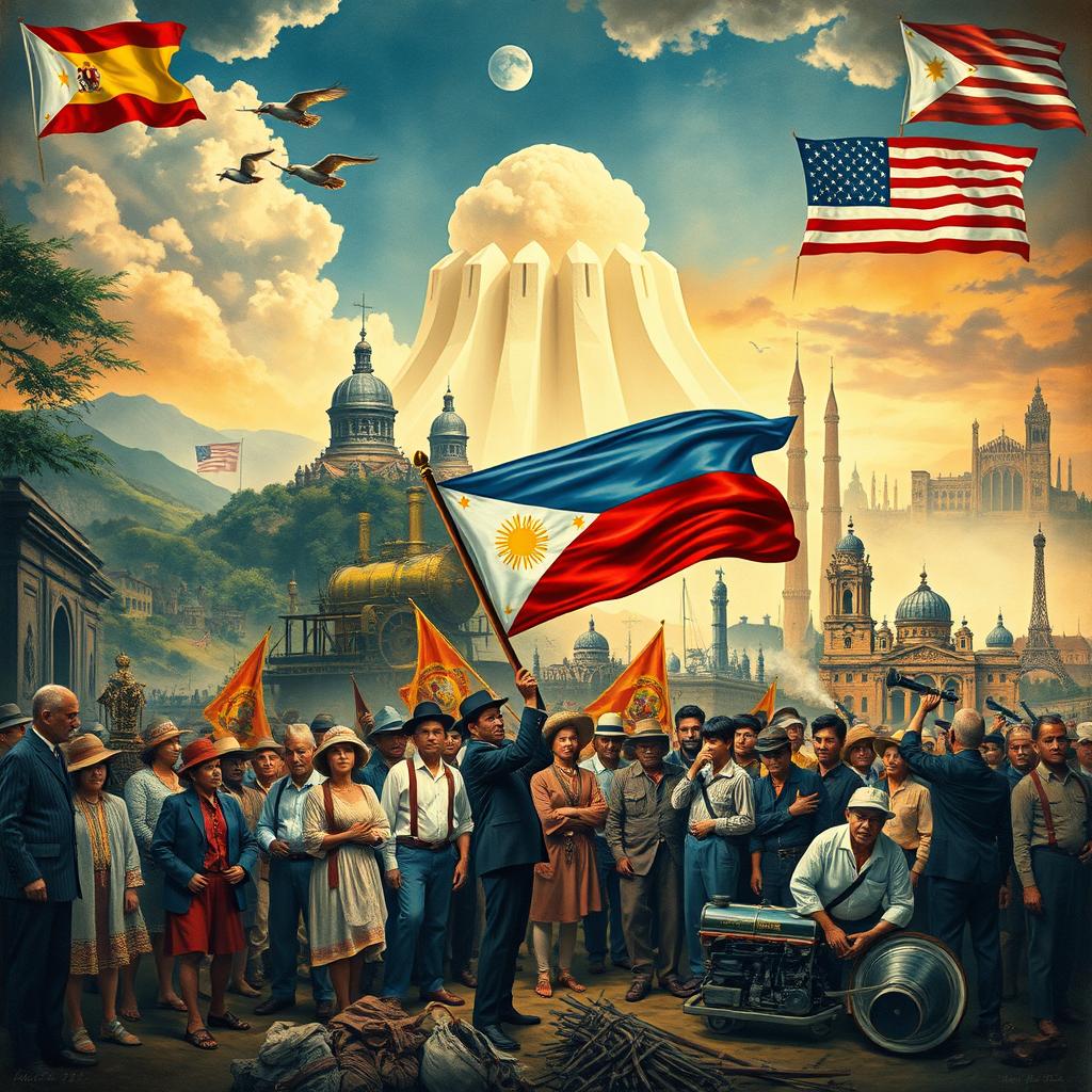 An artistic representation illustrating the 19th century political, economic, social, and cultural conditions of Europe, America, and Spain and their influences on the Philippines