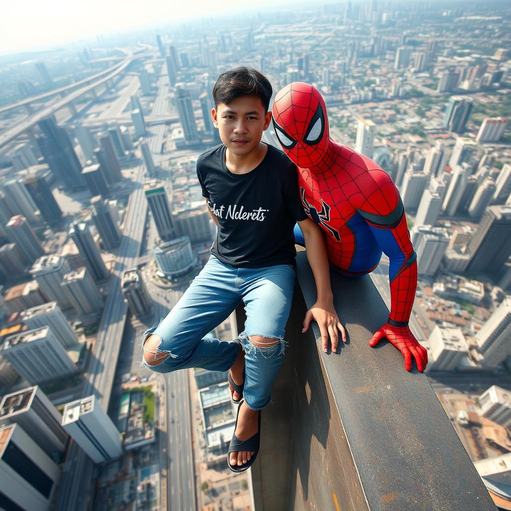 A handsome Indonesian man with short hair and a thin body, wearing a black t-shirt with the words 'Sobat Nderes' written on the chest, paired with torn jeans and flip-flops