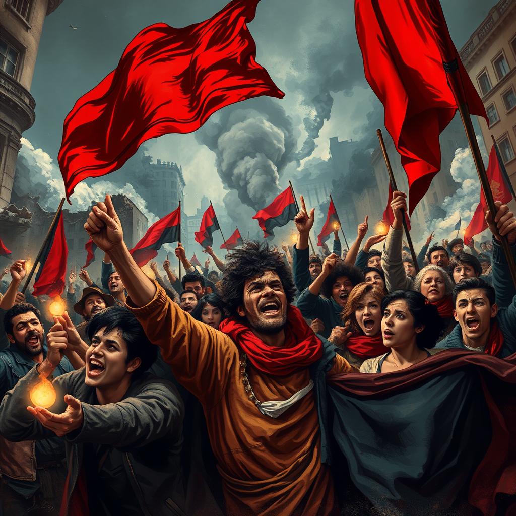 A dynamic and powerful artistic representation of a 19th century revolution scene, capturing the essence of struggle and change