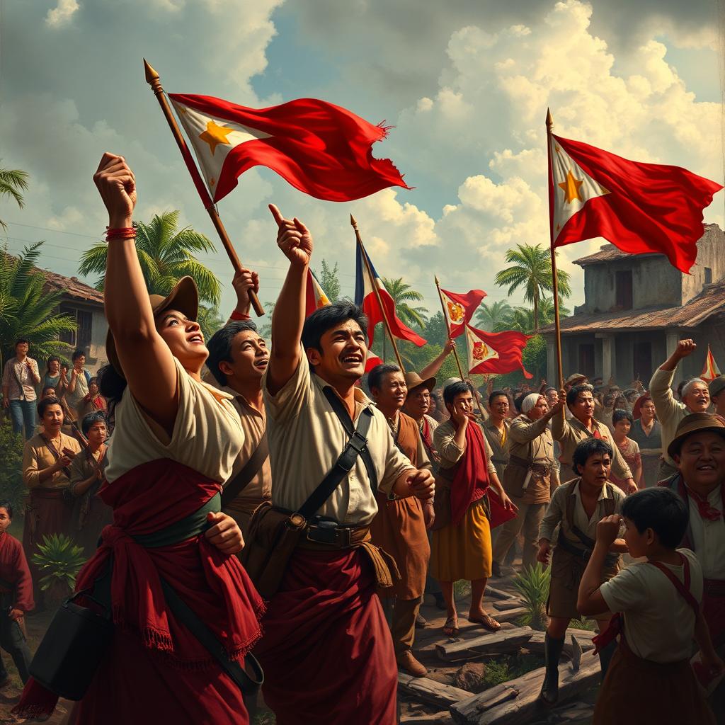 A vivid and dramatic artistic representation of the 19th century revolution in the Philippines, capturing the spirit of resistance and the fight for independence