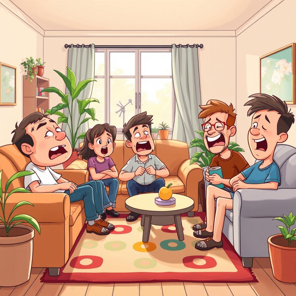 A humorous and lighthearted scene depicting a group of friends in a cozy living room, one of them letting out a loud fart