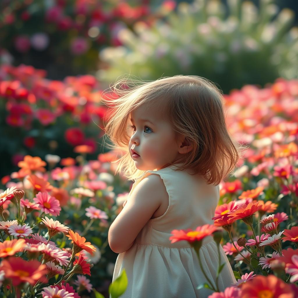 A cute, chubby child waiting in a large garden filled with abundant flowers, soft and warm light illuminating the scene, with slightly long hair flowing gently in the breeze, surrounded by vibrant colors of blooming flowers, and an atmosphere of tranquility and anticipation