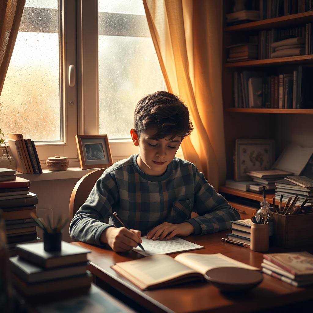 A 13-year-old boy sitting at a desk in a cozy room, focused on writing a letter
