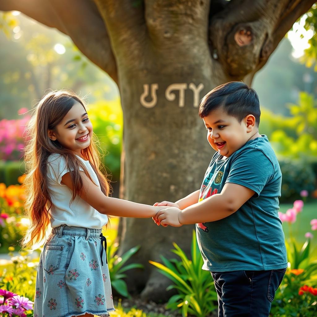 A beautiful scene of two young friends holding hands in a vibrant garden, both smiling and leaning towards each other as if about to embrace