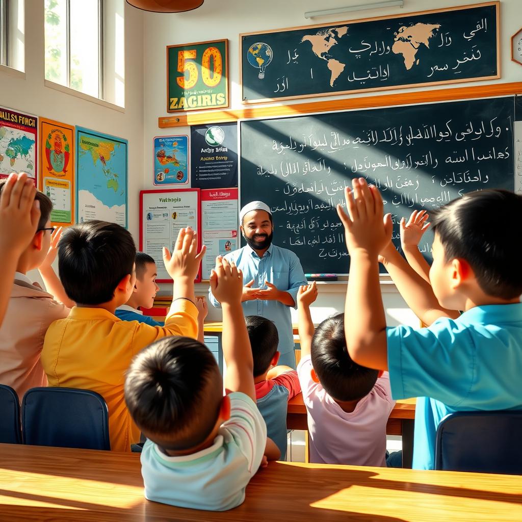 A colorful educational scene featuring a traditional classroom setting where a teacher named Zakaria is engaging with multiple students