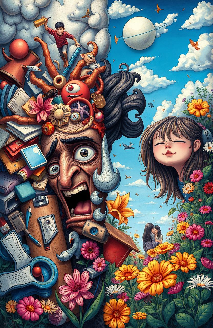 A surreal illustration contrasting two different lifestyles, one depicting OCD as an intense, chaotic environment with disorganized elements like cluttered spaces, swirling colors, and anxious expressions, contrasting with another side showing a serene and joyful life filled with vibrant flowers, smiling faces, clear blue skies, and harmonious interactions