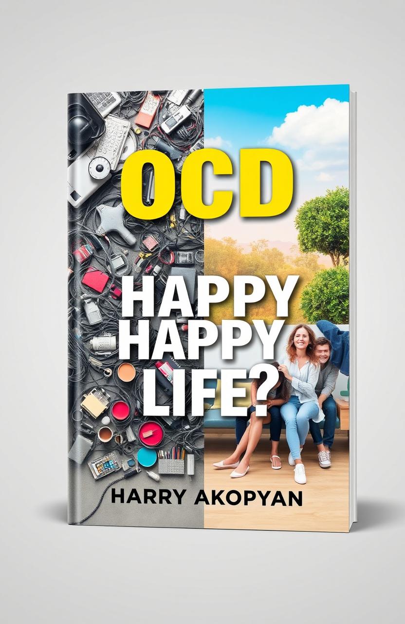 A visually striking cover design for a book titled 'OCD or Happy Life?' by author Harry Akopyan