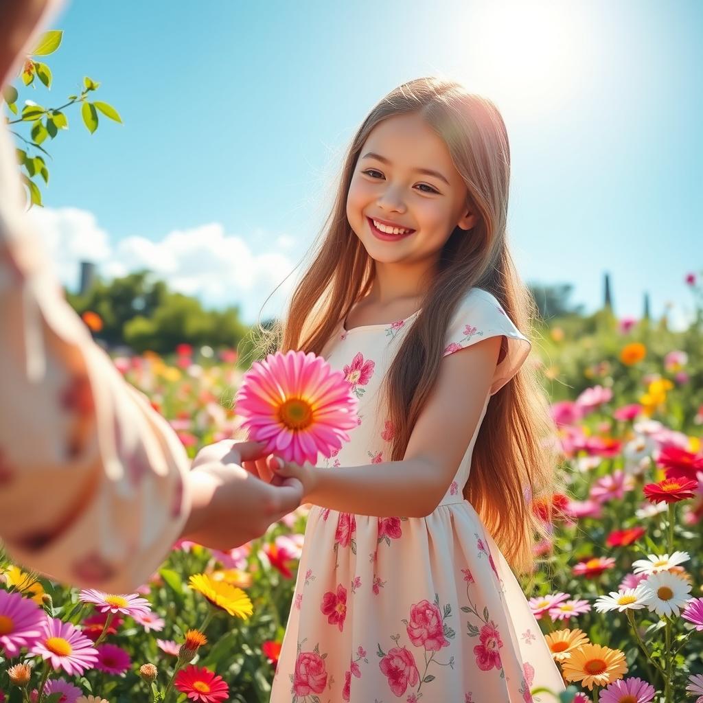 A beautiful scene depicting a lovely girl giving a flower to someone with a bright smile