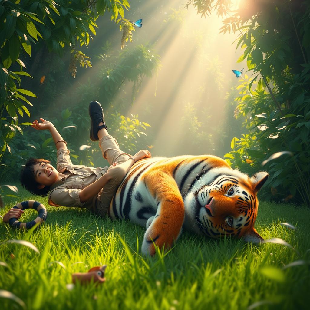 A whimsical scene depicting a playful interaction between a person and a majestic tiger in a lush jungle setting
