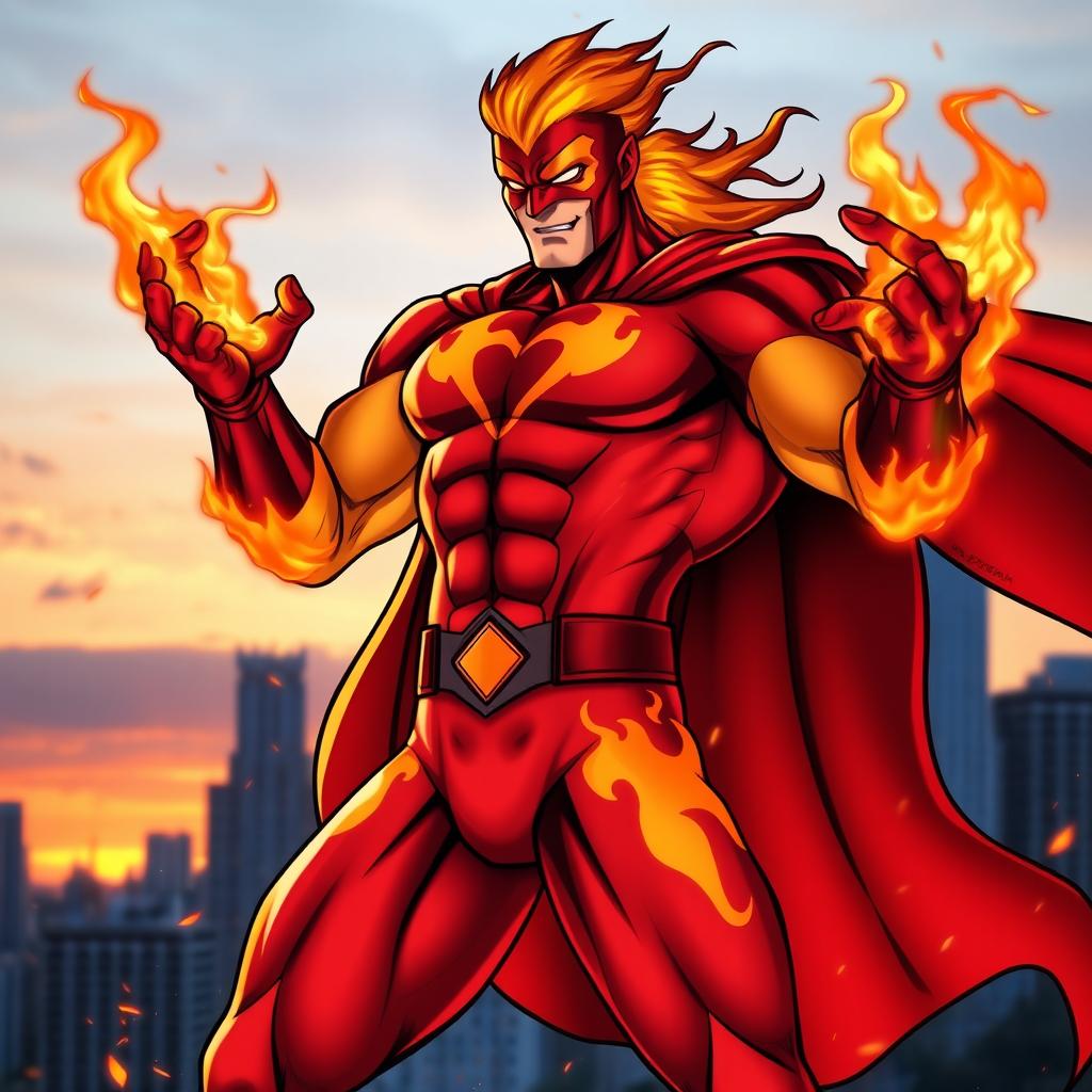 A superhero named Fogo, who embodies the element of fire, wearing a vibrant red and orange costume with flame patterns