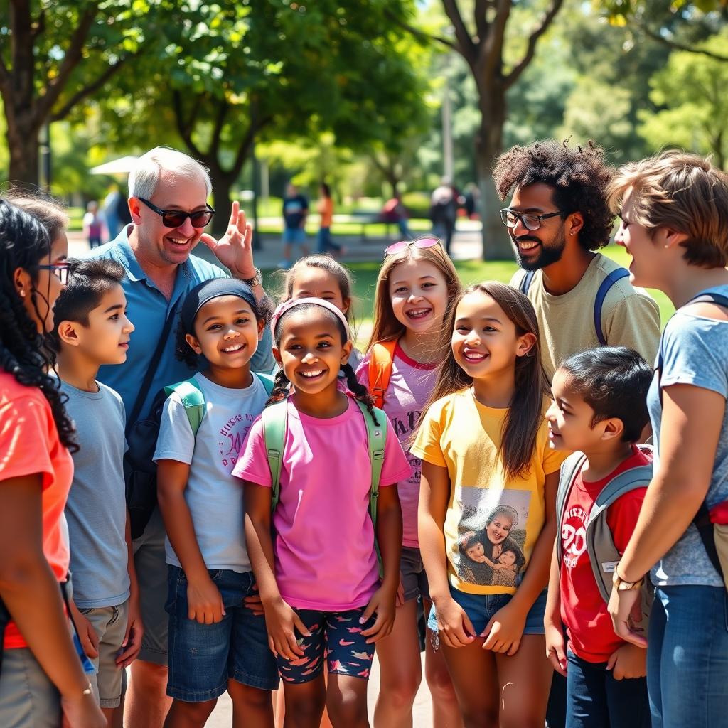 A lively scene depicting a group of energetic people animatedly talking with a diverse group of students in a vibrant outdoor setting