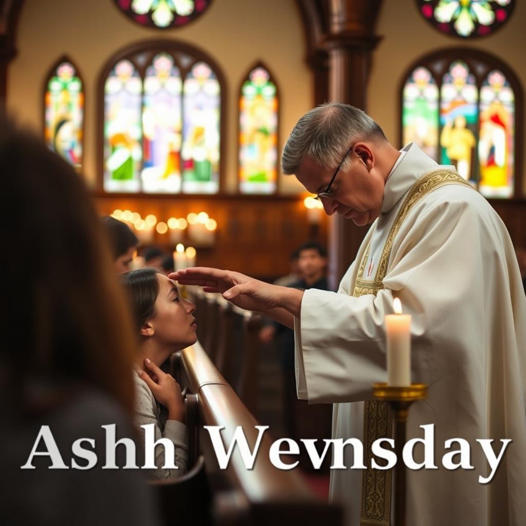 A serene and contemplative Catholic Ash Wednesday scene, featuring a beautiful church interior adorned with soft candlelight